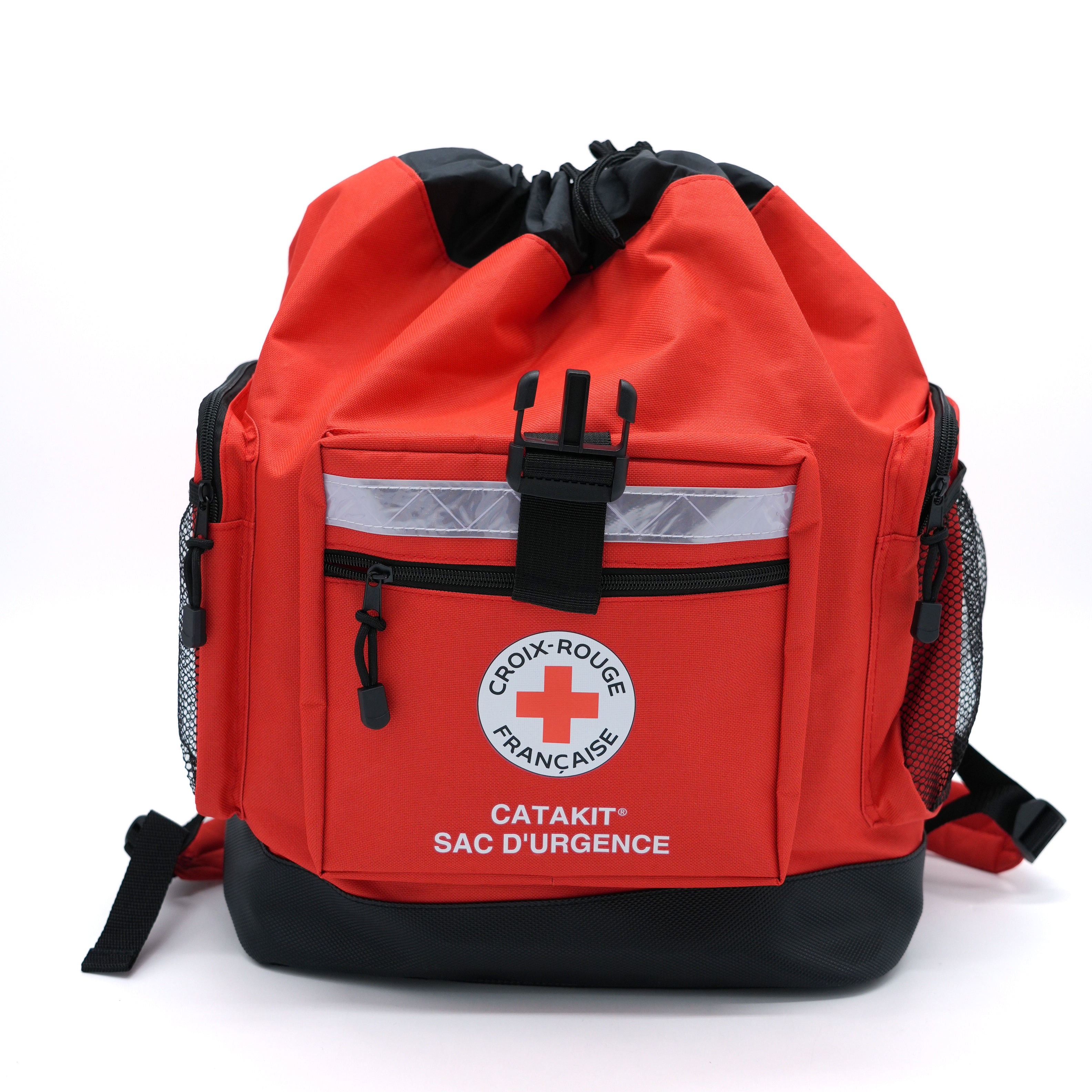 Sac à dos d’urgence Catakit Croix-Rouge française rouge avec bande réfléchissante, fermeture à clip et poches latérales en filet