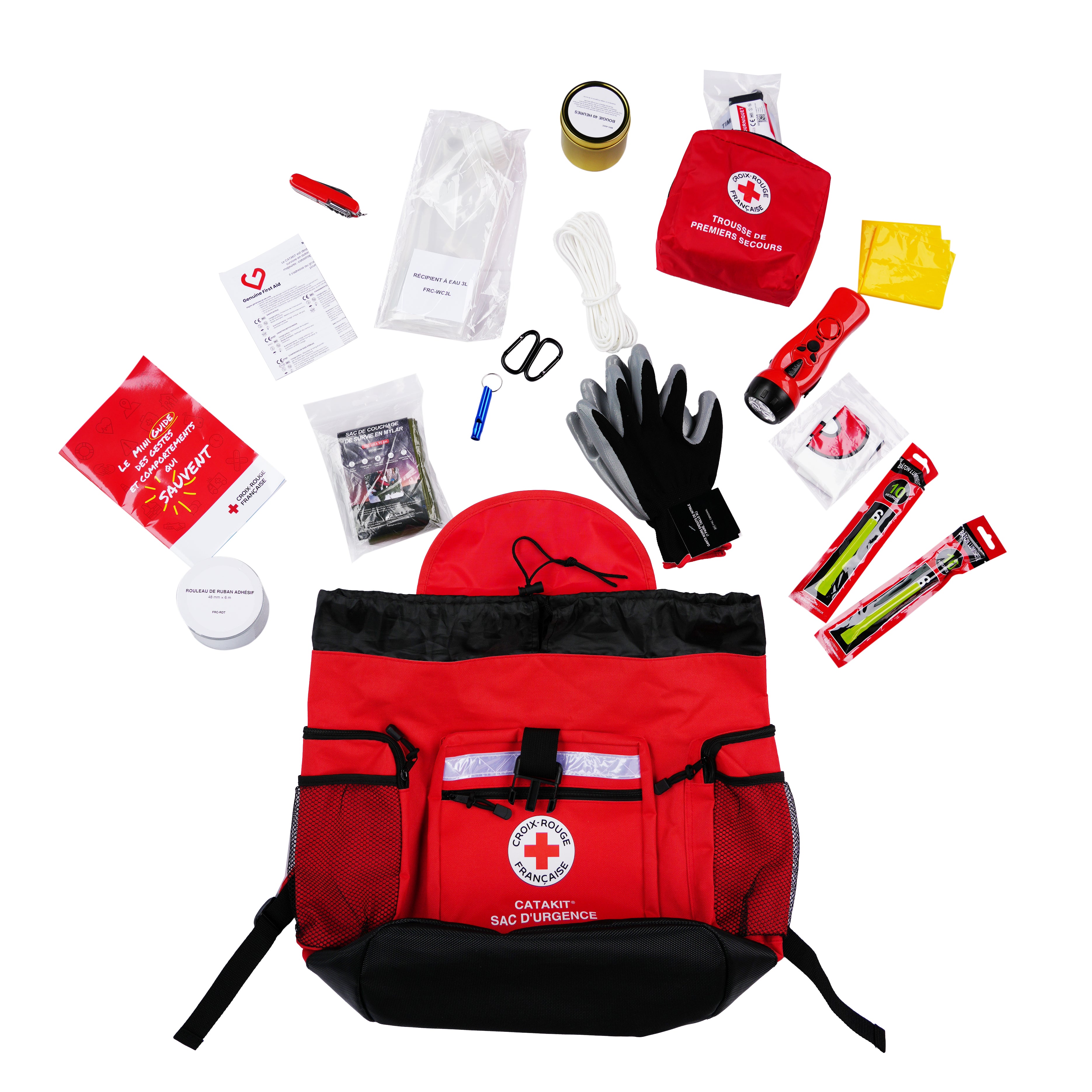 Contenu du sac d’urgence Catakit Croix-Rouge française : gants, pansements, compresses, lampe, couteau multifonction, couverture de survie, sifflet et accessoires de premiers secours