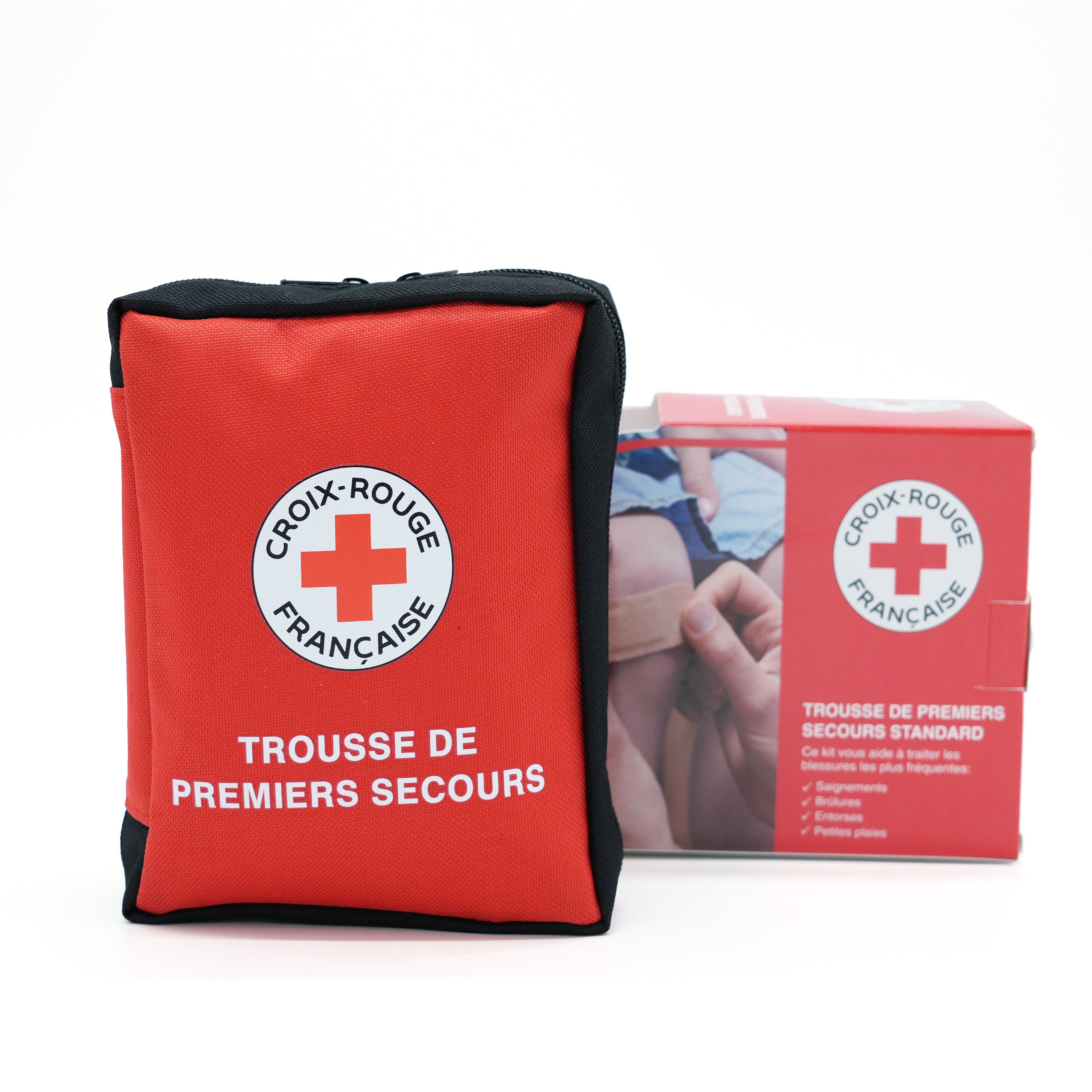 Trousse de premiers secours Croix-Rouge française rouge avec fermeture zippée, compacte et facile à transporter avec boîte de packaging