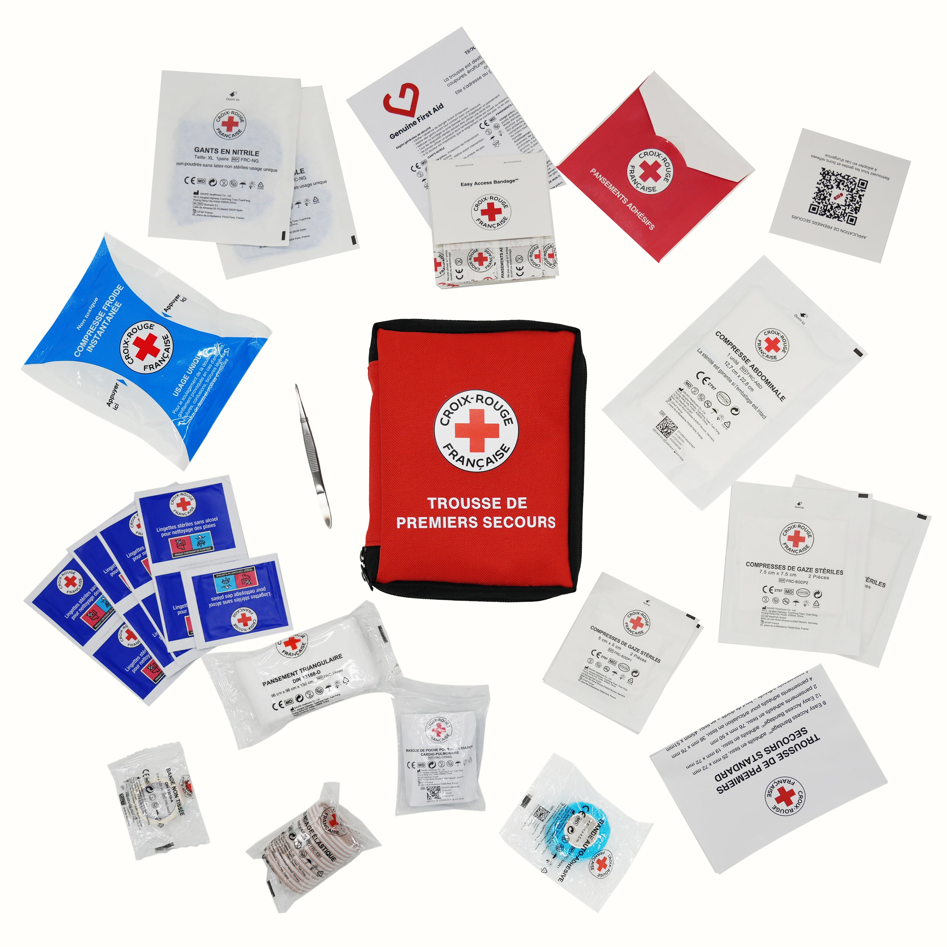 Trousse de premiers secours Croix-Rouge française Standard avec contenu détaillé : gants de protection, compresses, pansements, bandes, lingettes nettoyantes, pince, sparadrap et accessoires médicaux