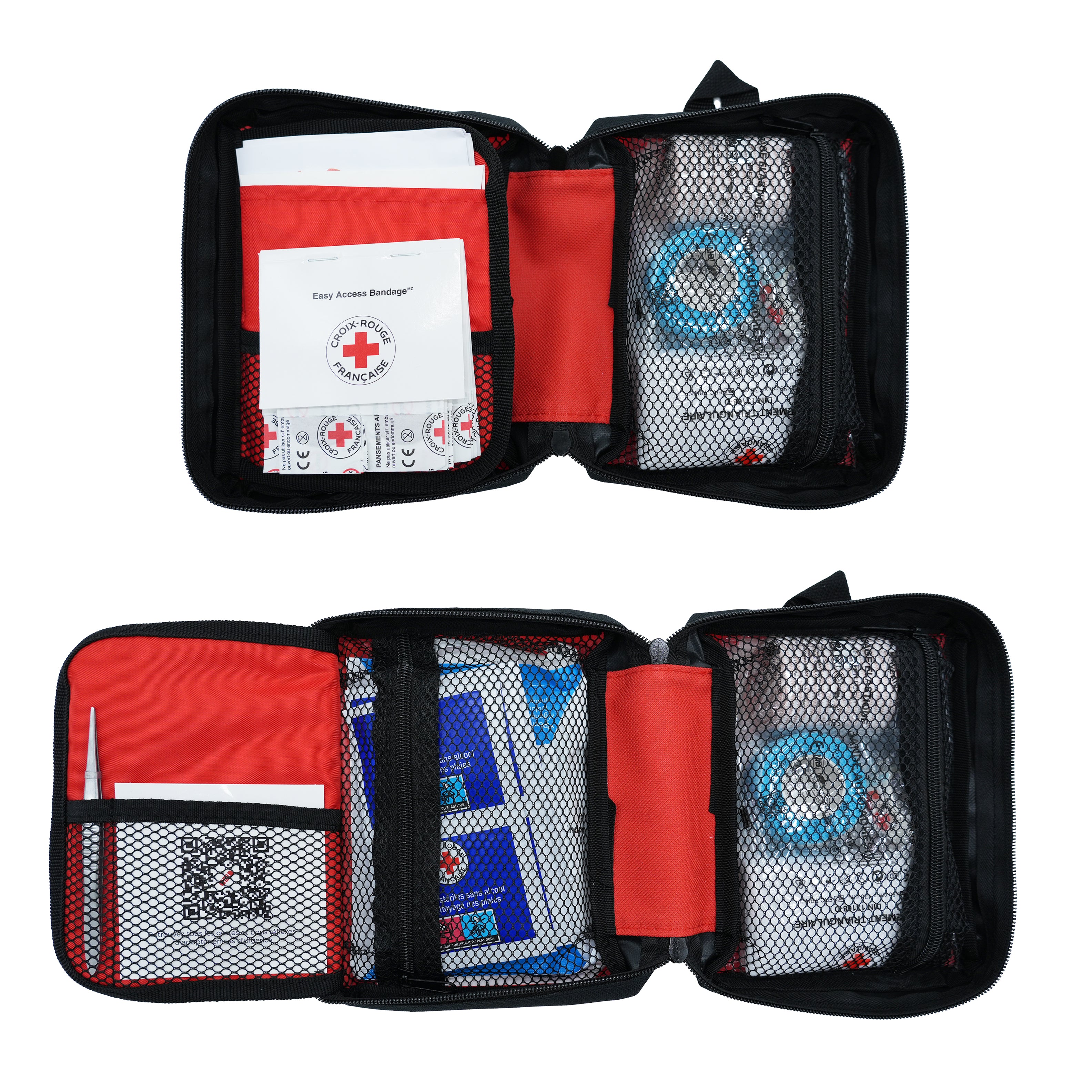 Trousse de premiers secours Standard Croix-Rouge française ouverte avec compartiments en filet, rangement organisé des pansements, compresses et accessoires médicaux