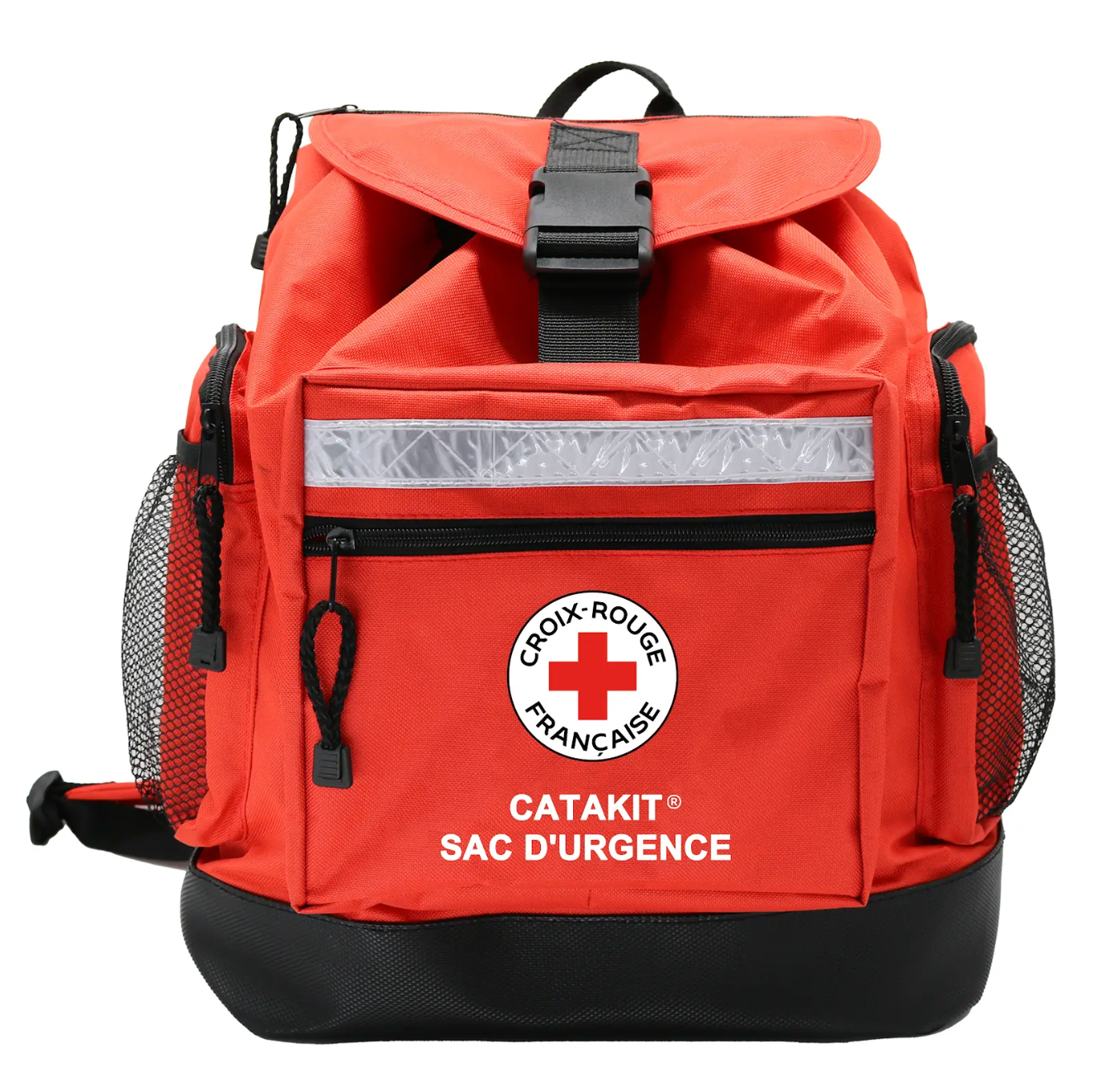 Sac à dos d’urgence familiale Catakit Croix-Rouge française rouge avec bande réfléchissante, fermeture à clip et poches latérales en filet