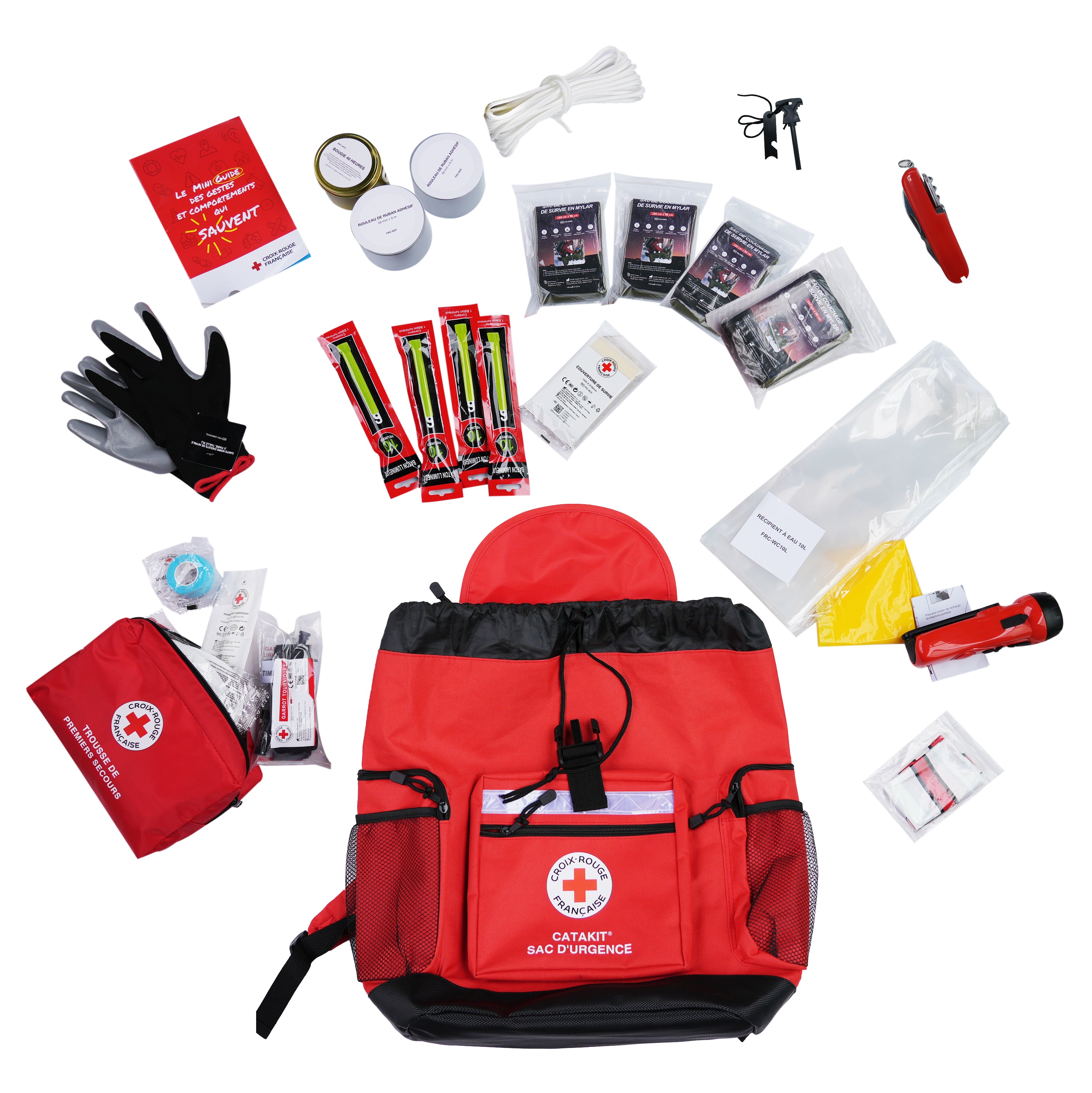 Contenu du sac d’urgence Catakit Croix-Rouge française : gants, pansements, compresses, lampe, couteau multifonction, couverture de survie, sifflet et accessoires de premiers secours