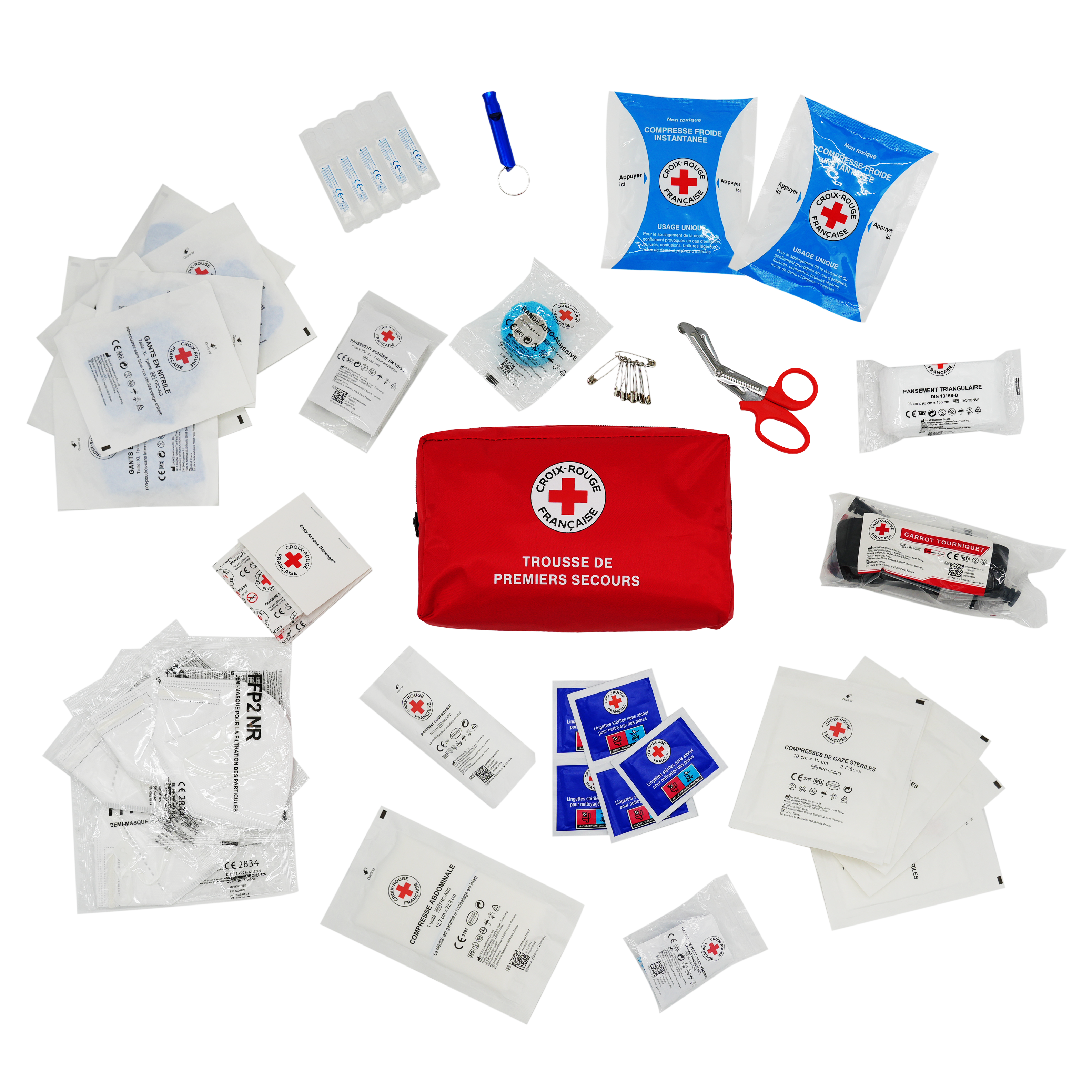 Contenu trousse de premiers secours Croix-Rouge française Catakit : compresses stériles, pansements, bandes, ciseaux, épingles de sûreté, lingettes nettoyantes et compresses froides instantanées