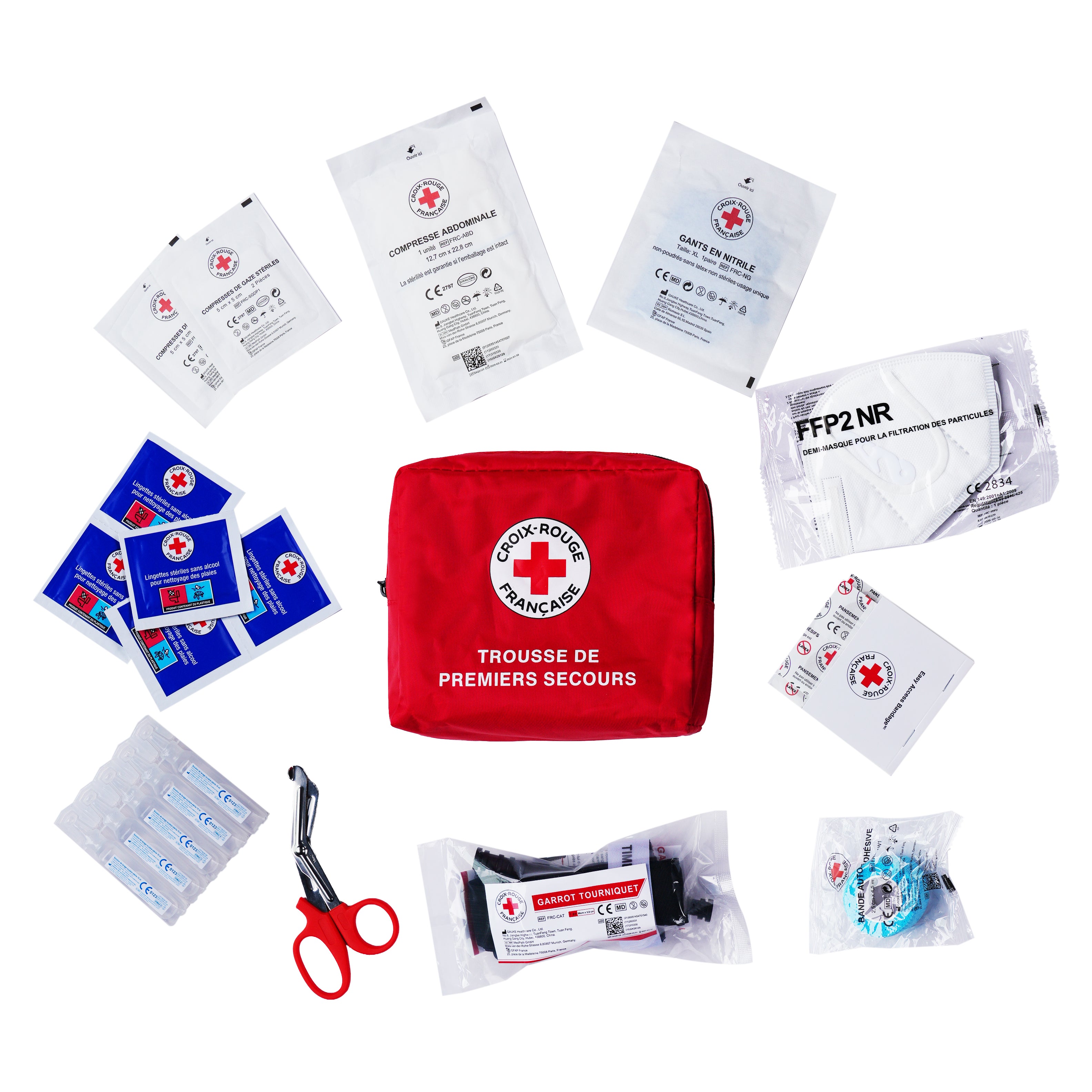Contenu trousse de premiers secours Croix-Rouge française Catakit : compresses stériles, pansements, bandes, ciseaux, lingettes nettoyantes et compresses froides instantanées
