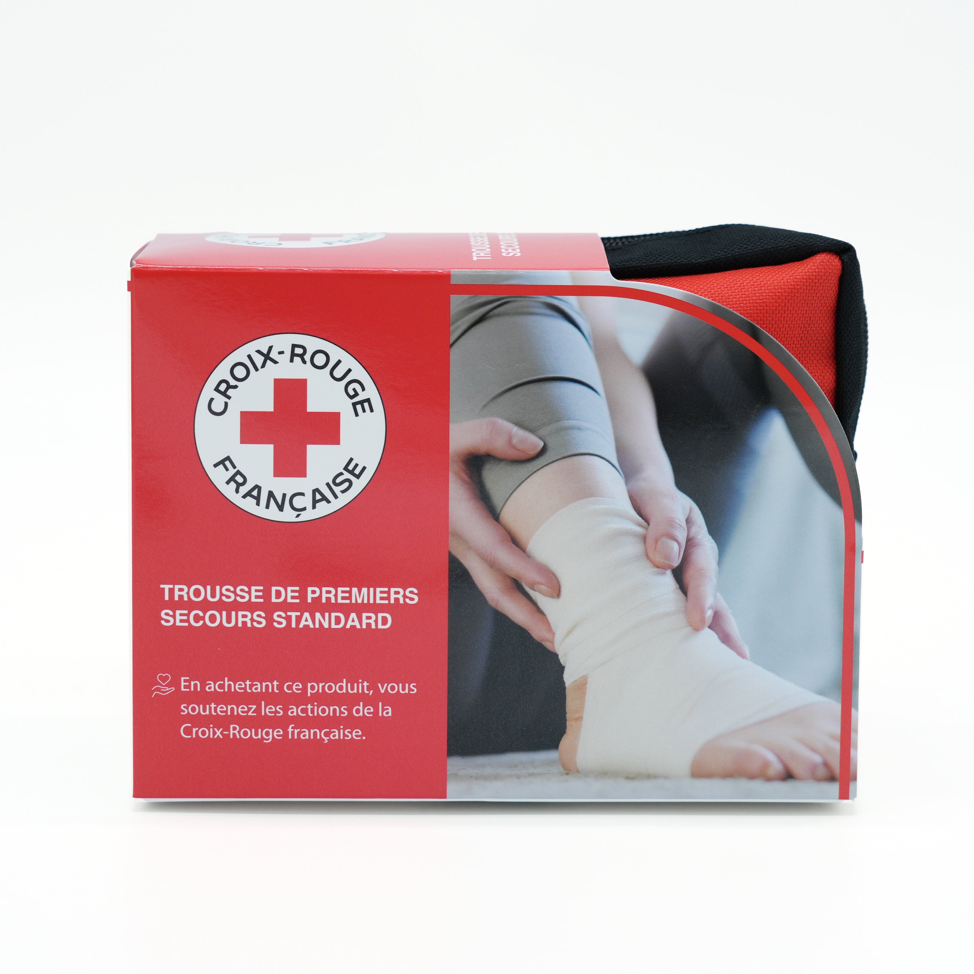 Trousse de premiers secours Croix-Rouge française rouge avec fermeture zippée, compacte et facile à transporter dans boîte de packaging