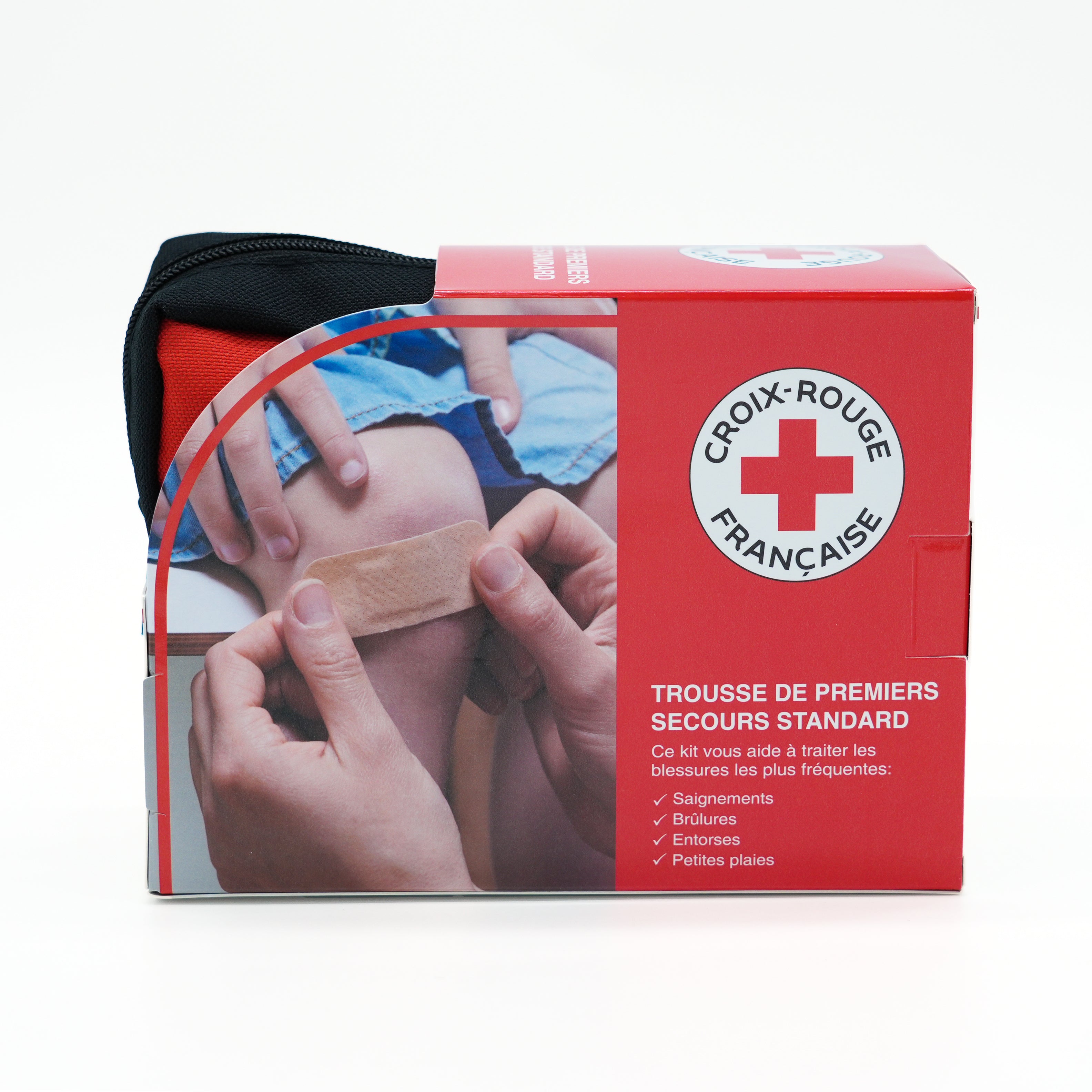 Trousse de premiers secours Croix-Rouge française rouge avec fermeture zippée, compacte et facile à transporter dans boîte de packaging